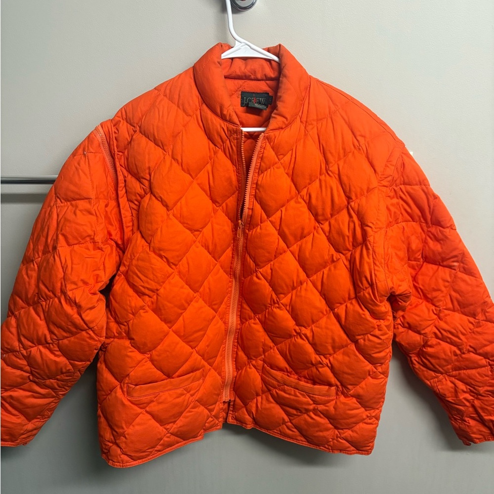 Vintage J. Crew Men's orange quilted duck down jacket size L removable sleeves